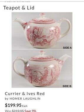 Homer Laughlin Currier & Ives Red and White Transferware Teapot